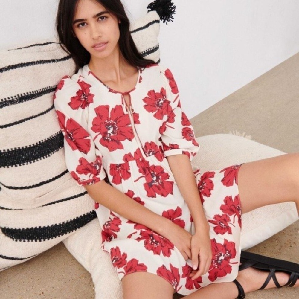 ba&sh‎ Lady Dress Women XS White Red Floral Mini Babydoll Tiered Viscose